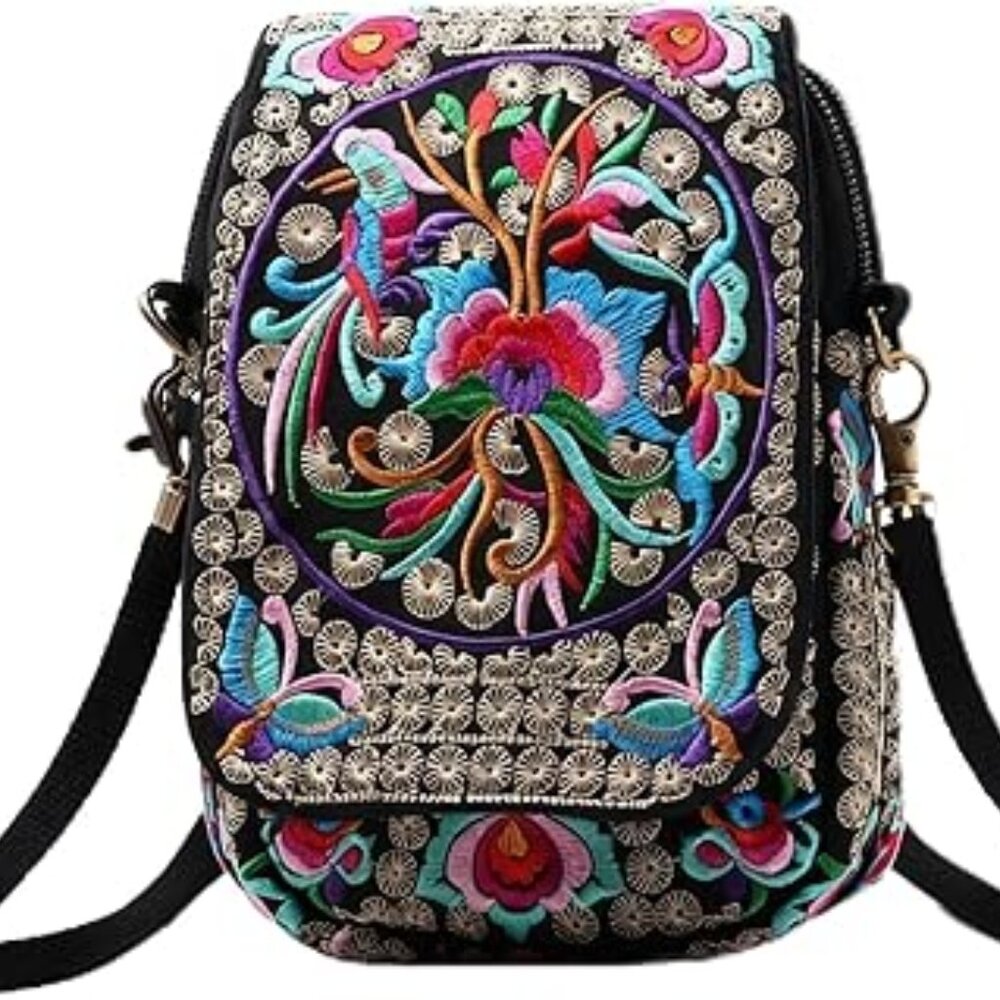 Embroidered Crossbody Purse Bag Bohemian Hobo Look Small Size‎